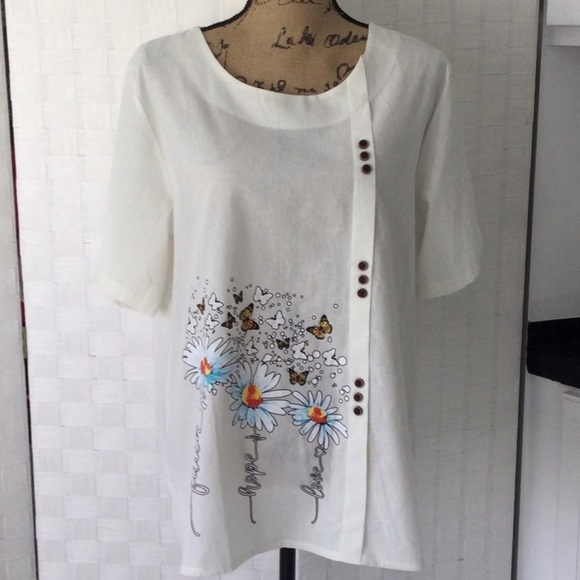 Woman’s Blouse made in China  size 1X USA color white with blue flowers#467 New - Picture 1 of 6
